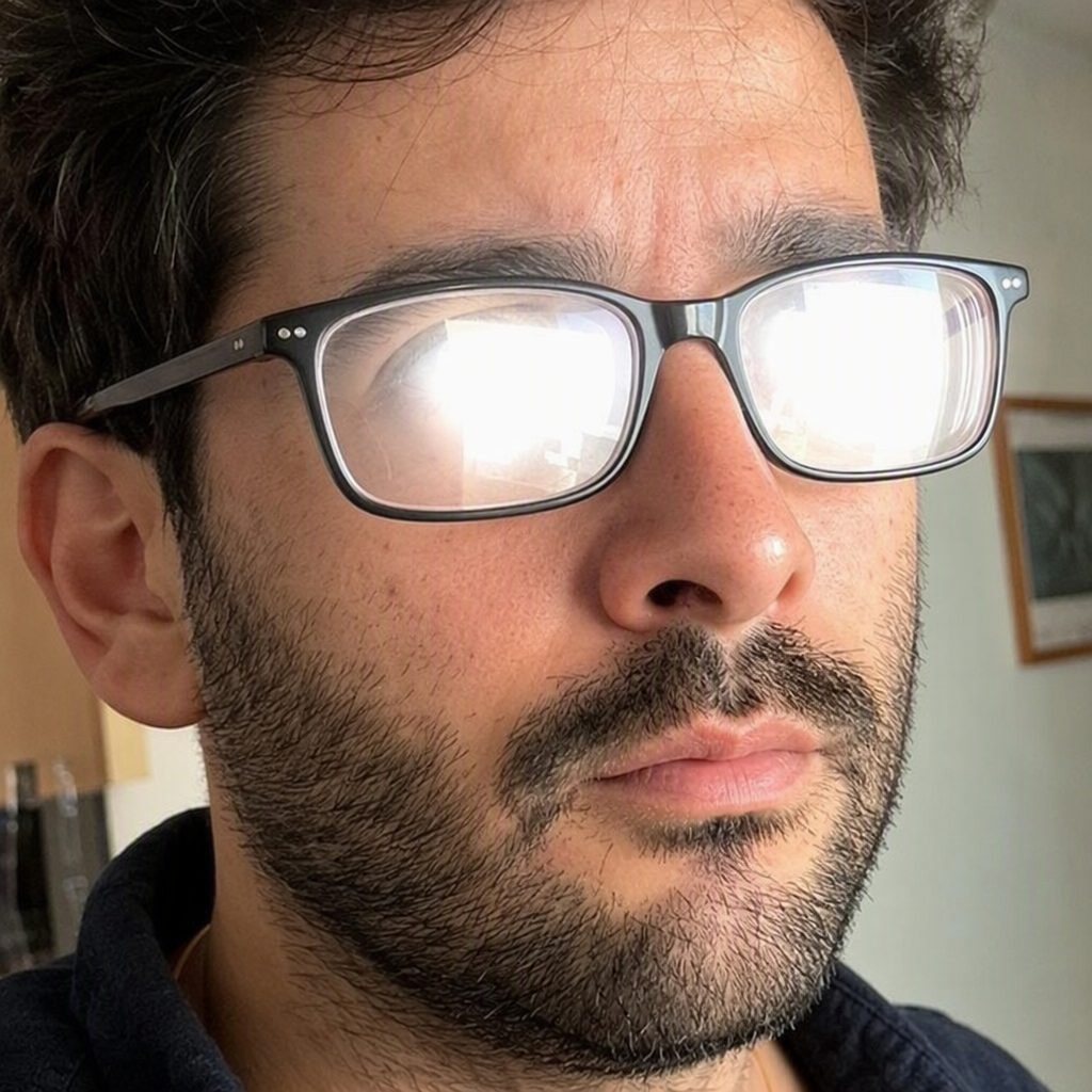 Remove Glare from Glasses - photo with glare before AI removal
